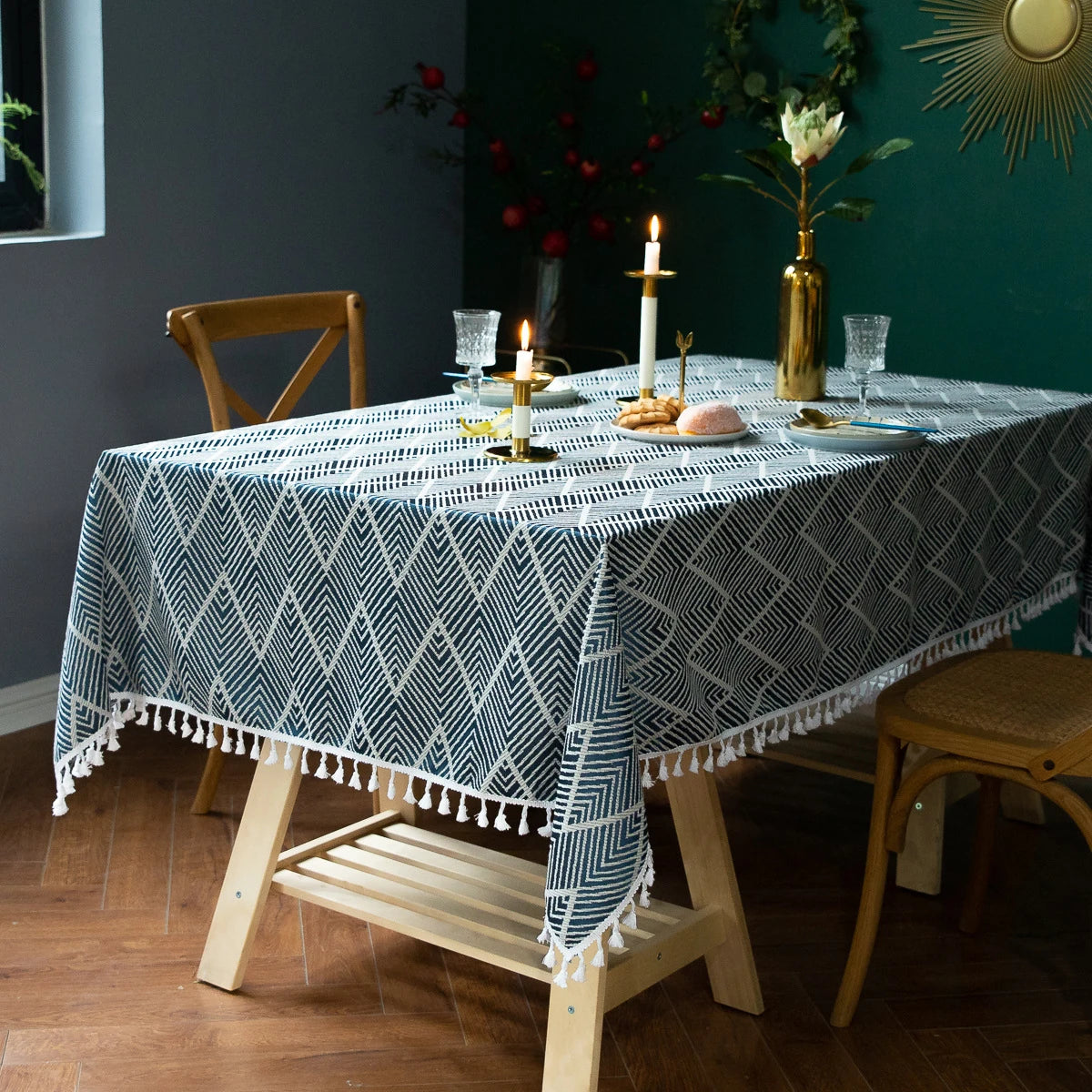 Toalha de mesa boho, algodão, linho, retângulo, lavável, resistente a rugas, para jantar, festa, capa decorativa