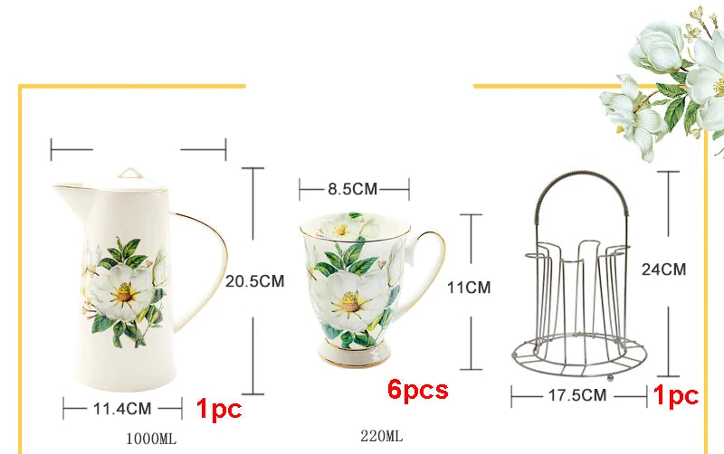 8 pçs/set, bule de chá de porcelana de osso e conjunto de copo, conjuntos de café de porcelana com suporte de copo, caneca nespresso de cerâmica, conjunto de xícara de bule de chá, bule