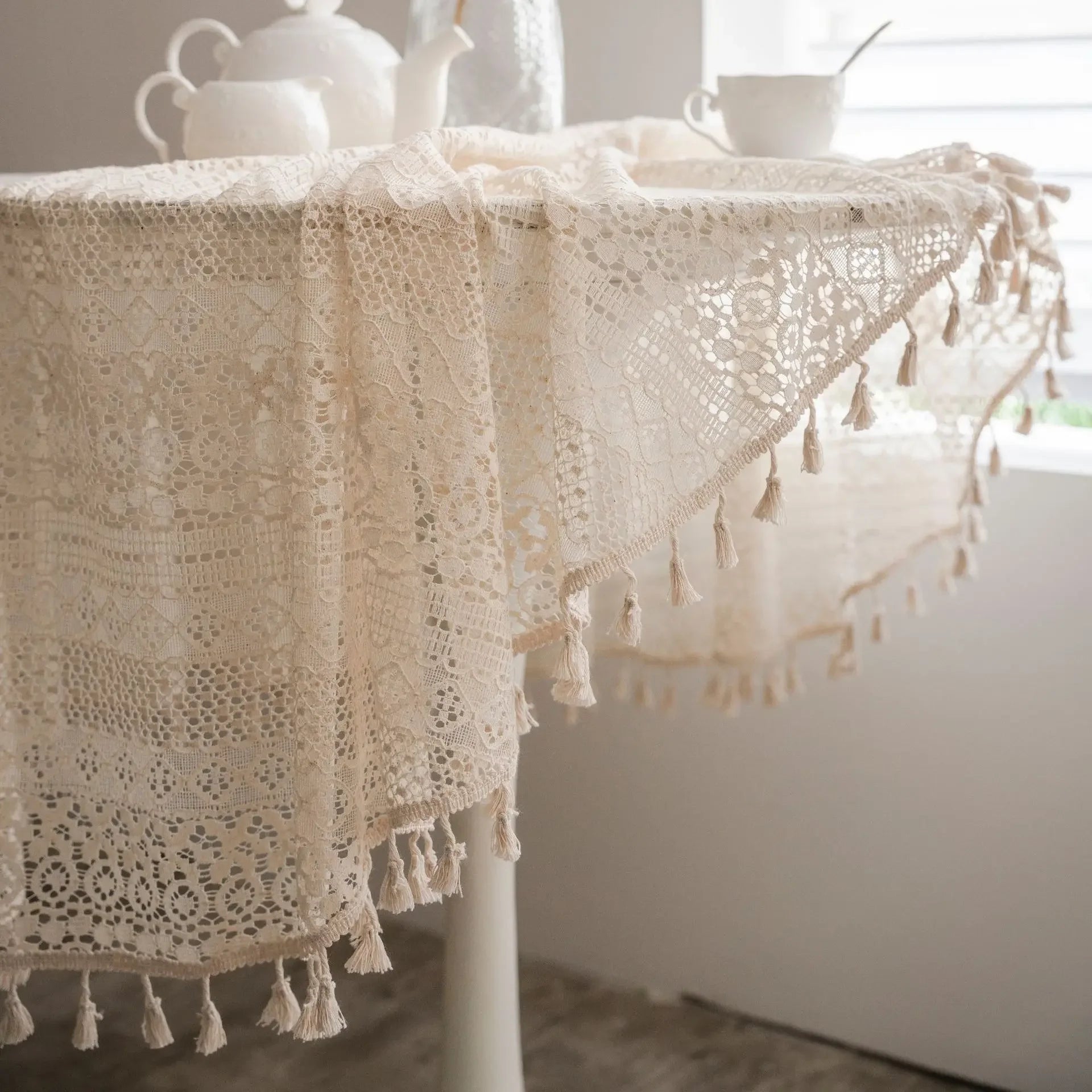 Toalha de mesa de algodão com borlas bege, fio de crochê transparente, renda translúcida para festa de casamento, cozinha, mesa de jantar decorativa