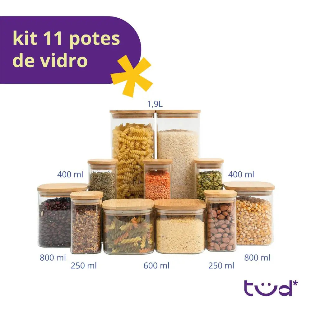 Kit 11 potes de vidro com tampa de bambu herméticos quadrados - Tüd