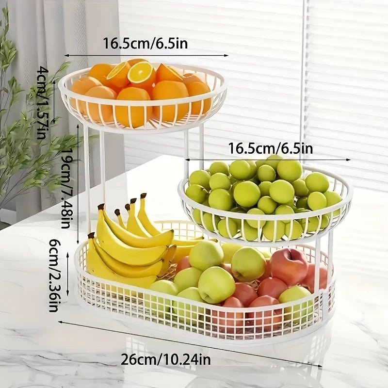 Suporte de cesta de frutas de metal de 3 camadas - Organizador de exibição de lanches e bolos com acabamento dourado elegante com design ventilado para cozinha