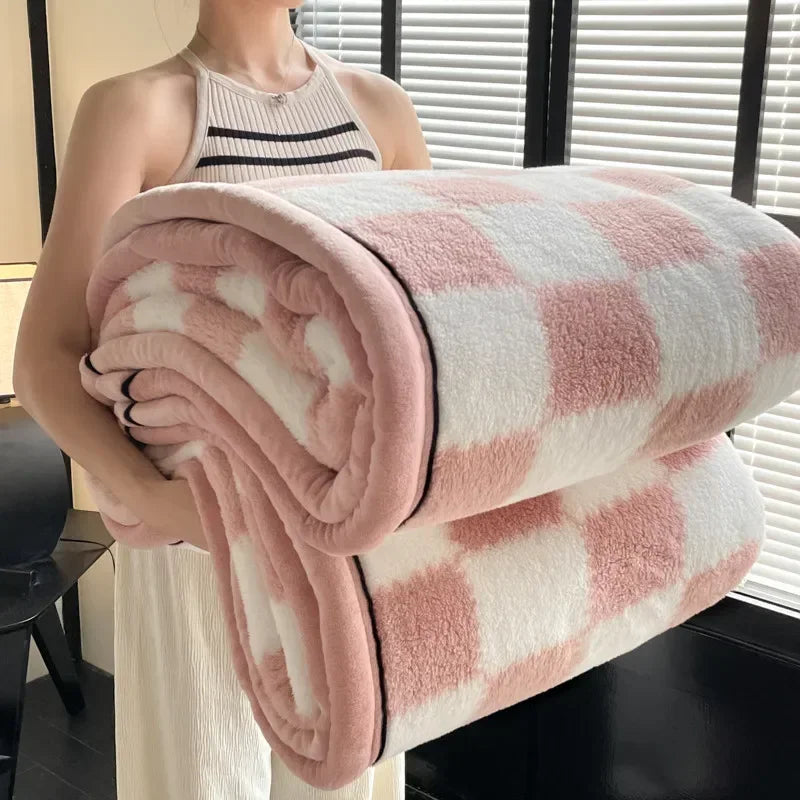 Inverno grosso um grau xadrez coral velo macio quente grosso cobertores de cama de pelúcia sofá cobertor folha de cama material de escritório em casa