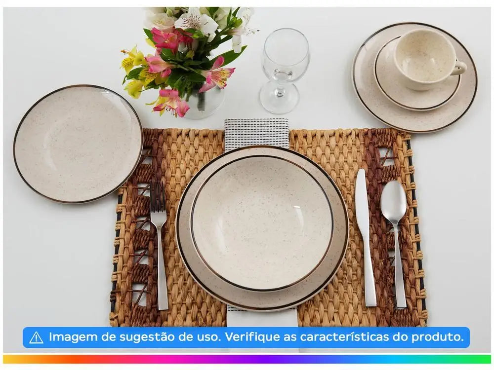 Aparelho de Jantar e Chá 20 Peças Oxford de Cerâmica Bege e Marrom Redondo Unni Brisa