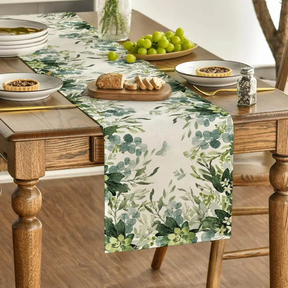 Primavera flores verdes eucalipto linho corredor de mesa festa de férias decoração fazenda cozinha mesa de jantar corredor decoração de casamento