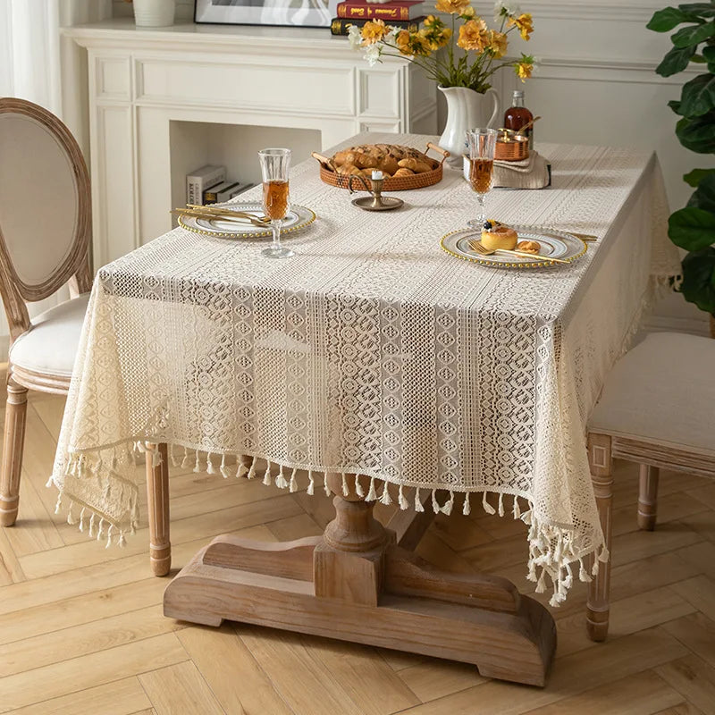 Toalha de mesa retangular de renda branca, toalha de mesa vintage com sobreposição de renda para mesa de jantar, decoração de festa de chá e casamento