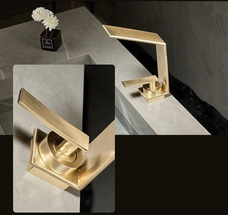 Luxo contemporâneo escovado ouro bacia de água quente & fria torneiras misturadoras pia do banheiro cachoeira bico mistura lavatório metal torneiras
