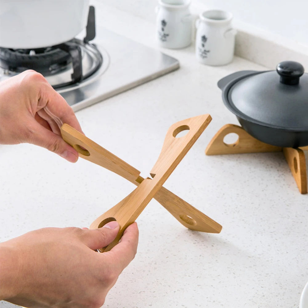 Suporte de bambu Cross Pot, Trivet Pan Rack, isolamento térmico, suporte de madeira anti-calor, dispositivo de cozinha, 1 Pc