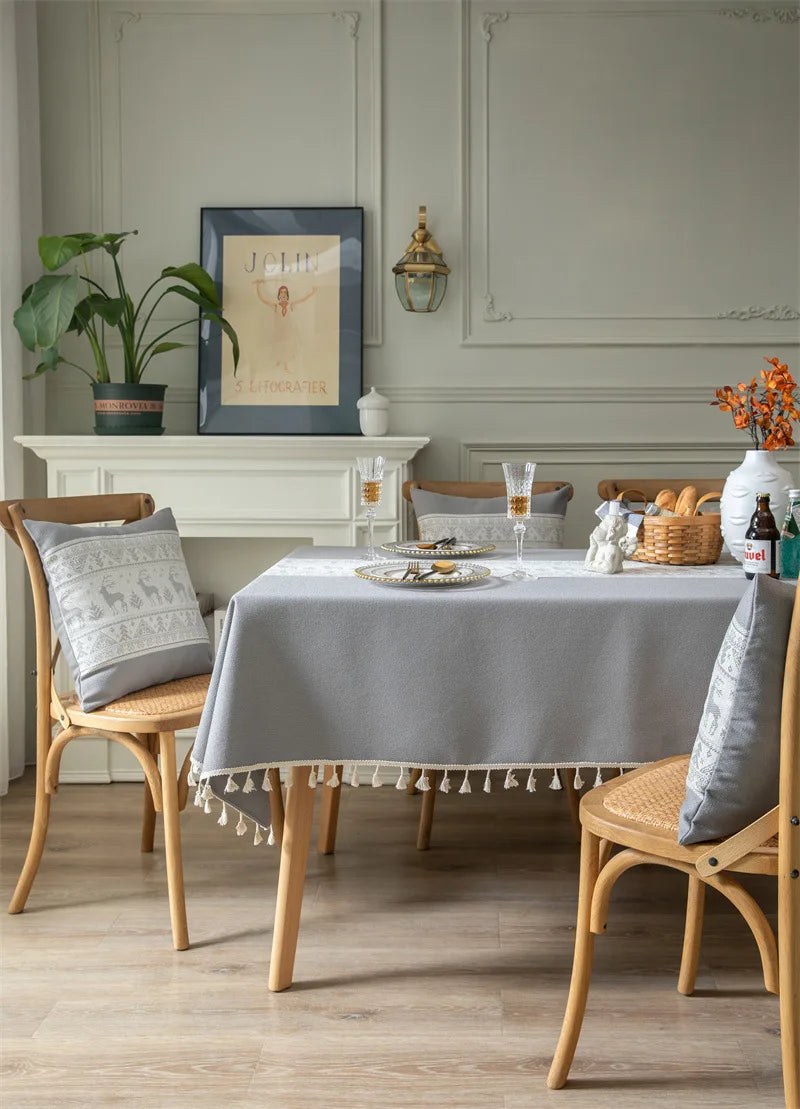 Toalha de mesa de algodão linho listra borla resistente a manchas à prova de poeira capa de mesa rústica para cozinha jantar mesa decoração de natal