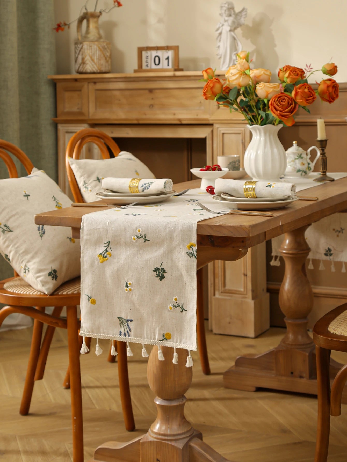 Toalha de mesa bordada com franjas de trigo, estilo rústico, mesa de jantar, cozinha, sala de estar, decoração de mesa de café