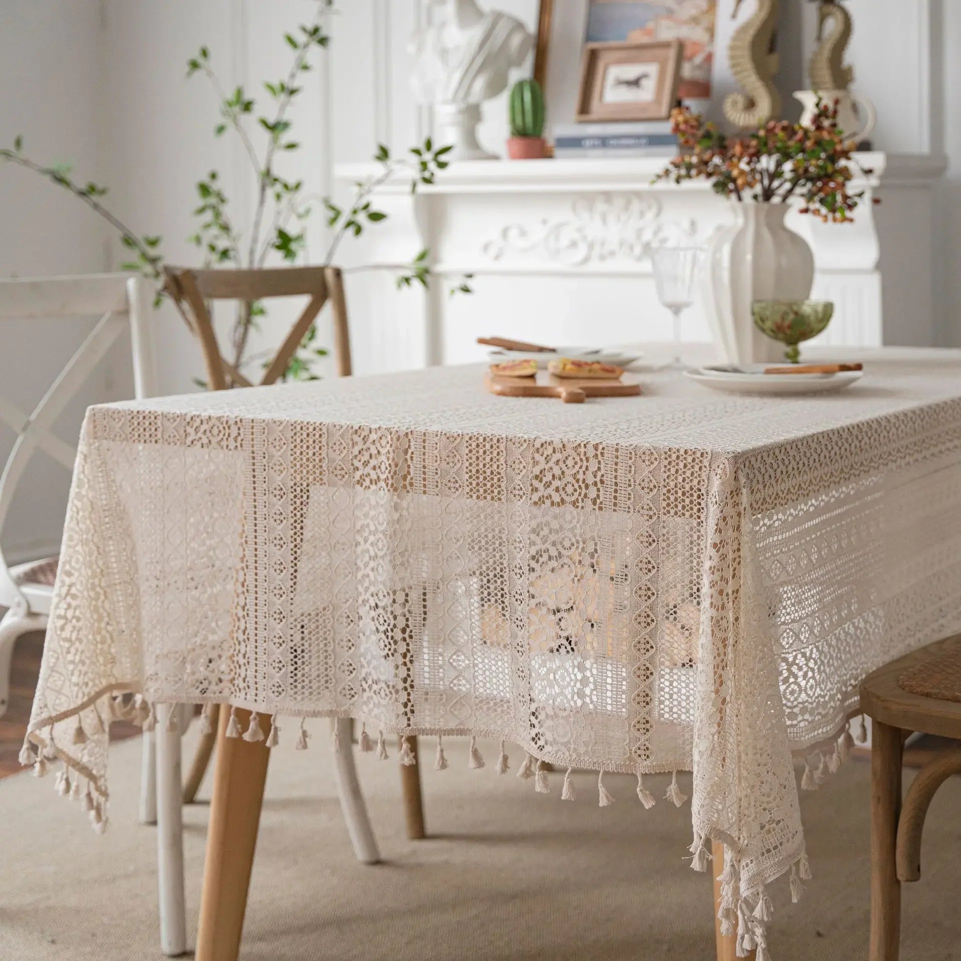 Toalha de mesa de algodão com borlas bege, fio de crochê transparente, renda translúcida para festa de casamento, cozinha, mesa de jantar decorativa