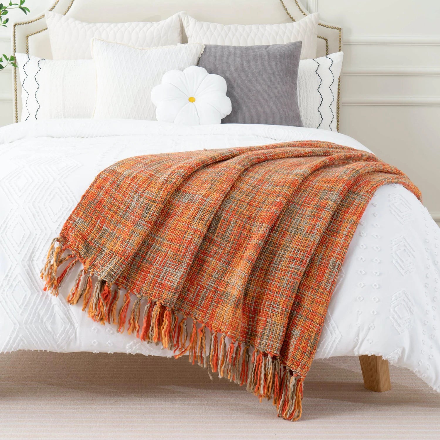 Battilo-Laranja Cobertor Boho com Borlas, cabo colorido cobertores de malha para cama, sofá decorativo outono, decoração para casa