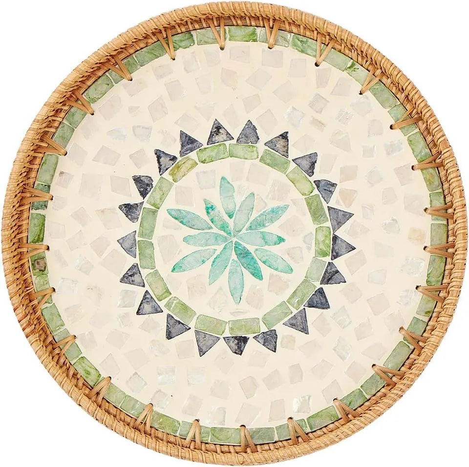 Bandeja redonda de vime com incrustação de madrepérola, bandeja de servir de vime, base de madeira, armazenamento e exibição de café, pão, comida, frutas