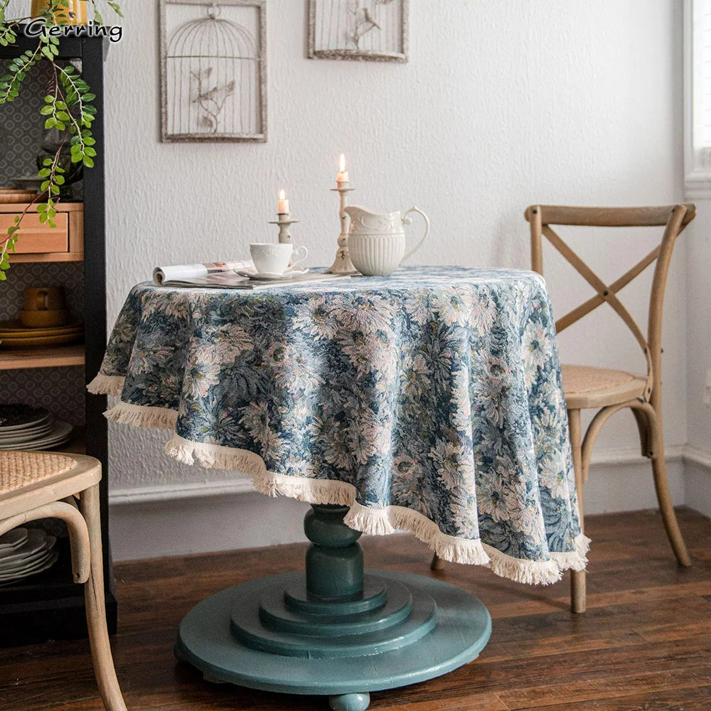 Toalha De Mesa Redonda Jacquard Americana, Tampa Da Mesa De Café, Pano Grosso, Pintura A Óleo Azul Americano, Natal