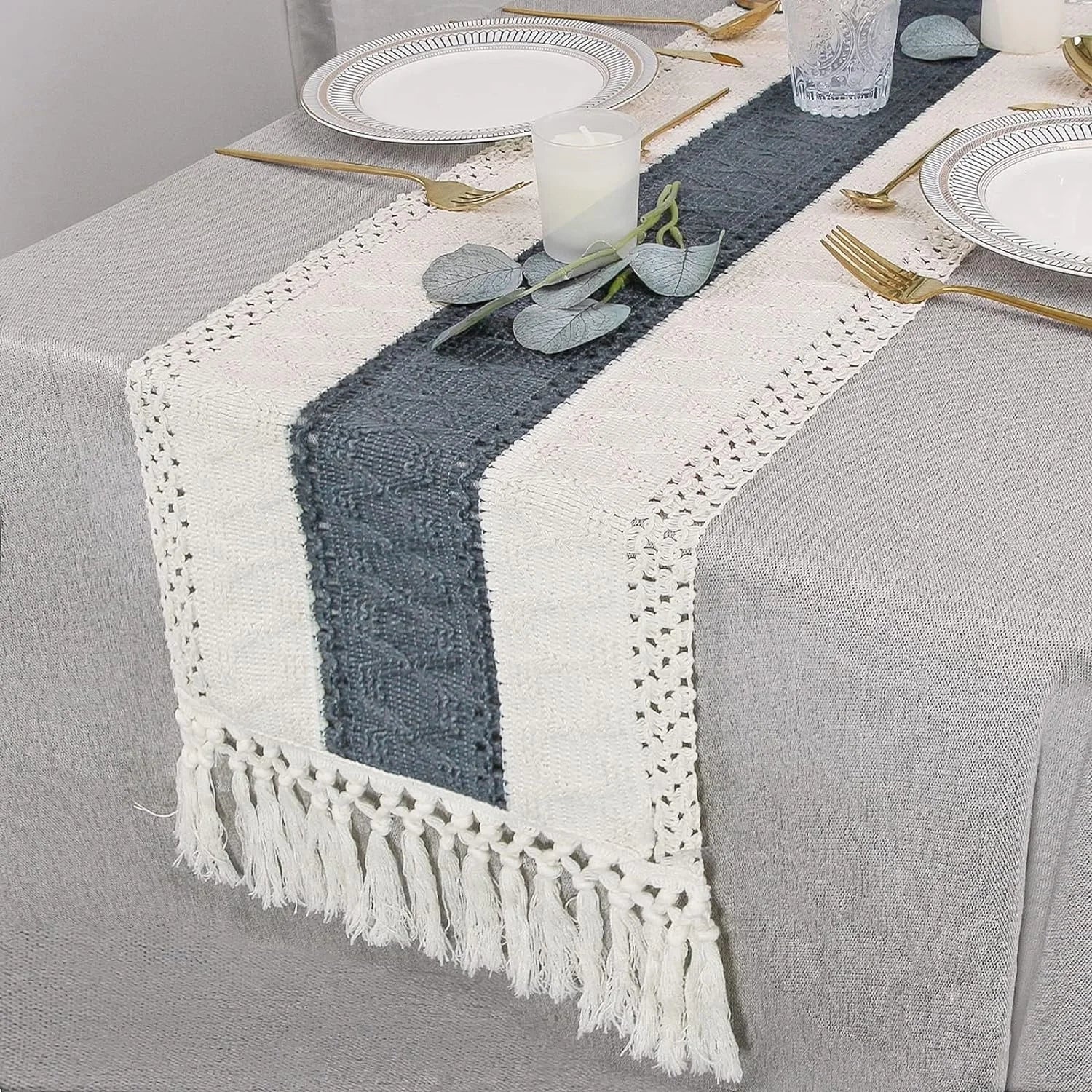 Corredor de mesa macrame creme bege e cinza boho corredor de mesa com borlas tecido à mão corredor de mesa rústico para cozinha sala de jantar