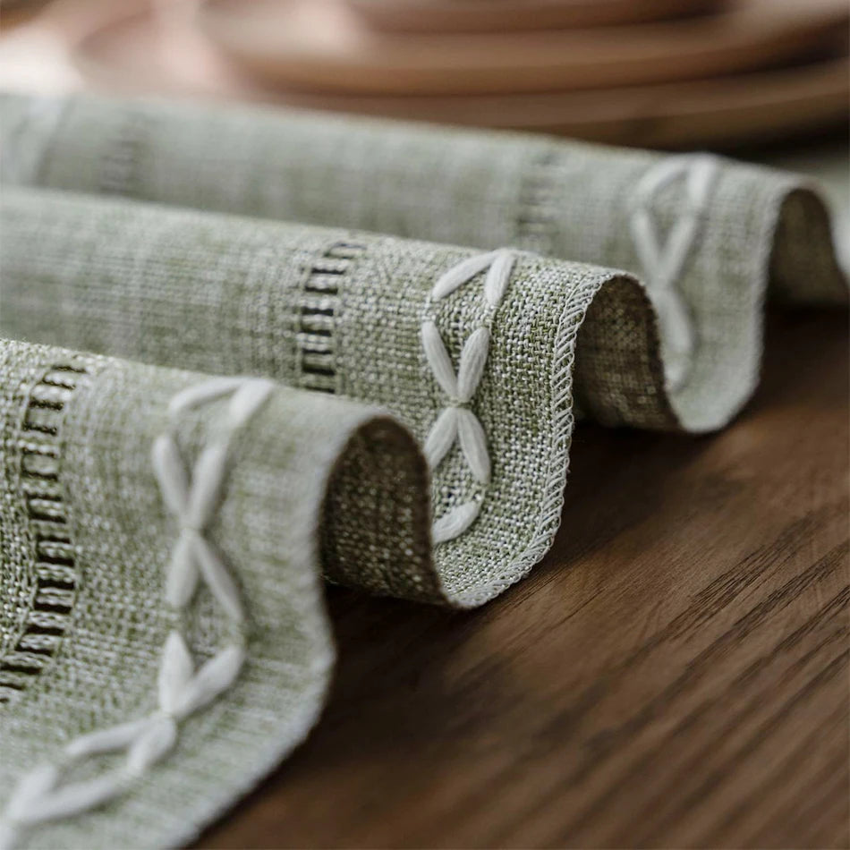 Corredor de mesa de linho de algodão, borlas tecidas à mão bordadas perfeitas para decoração de jantar de festa de casamento