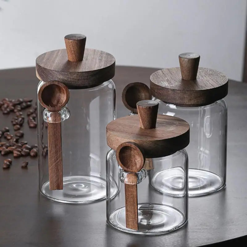 Vasos de armazenamento de alimentos de vidro com tampas de madeira colheres recipiente de alimentos grãos chá café grãos doces cozinha garrafas de armazenamento frascos