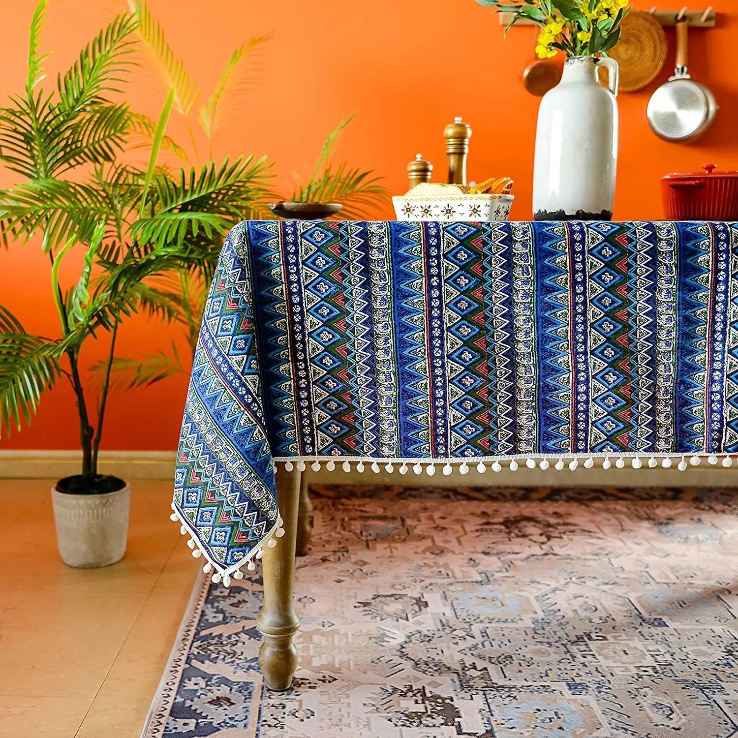 Toalha de mesa antiderrapante, estilo étnico, boêmia, festa do sudeste asiático, europeu e americano, resistente ao desgaste, algodão