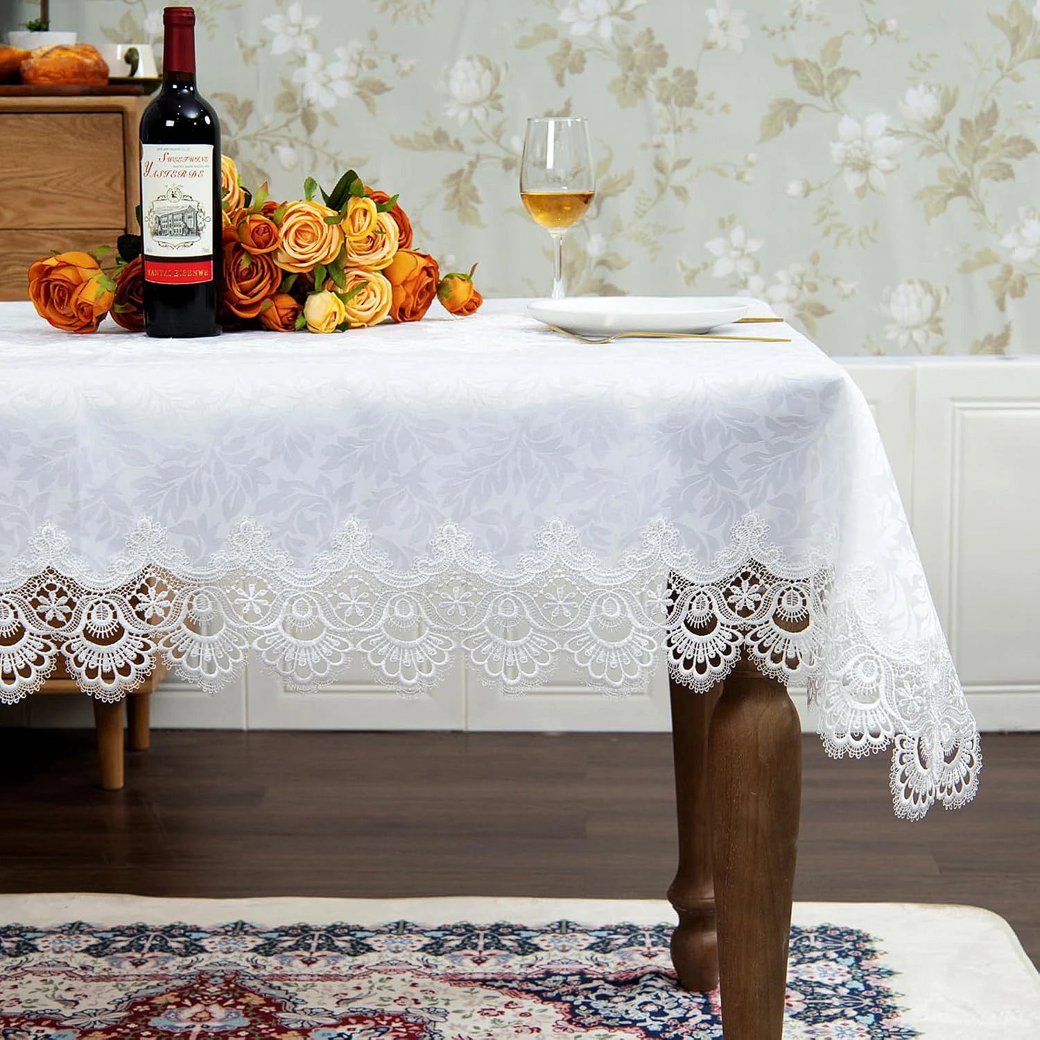 Toalha de mesa bordada de renda batilo, branca, floral, retangular, à prova d'água, para mesa de jantar, festa de casamento, casa