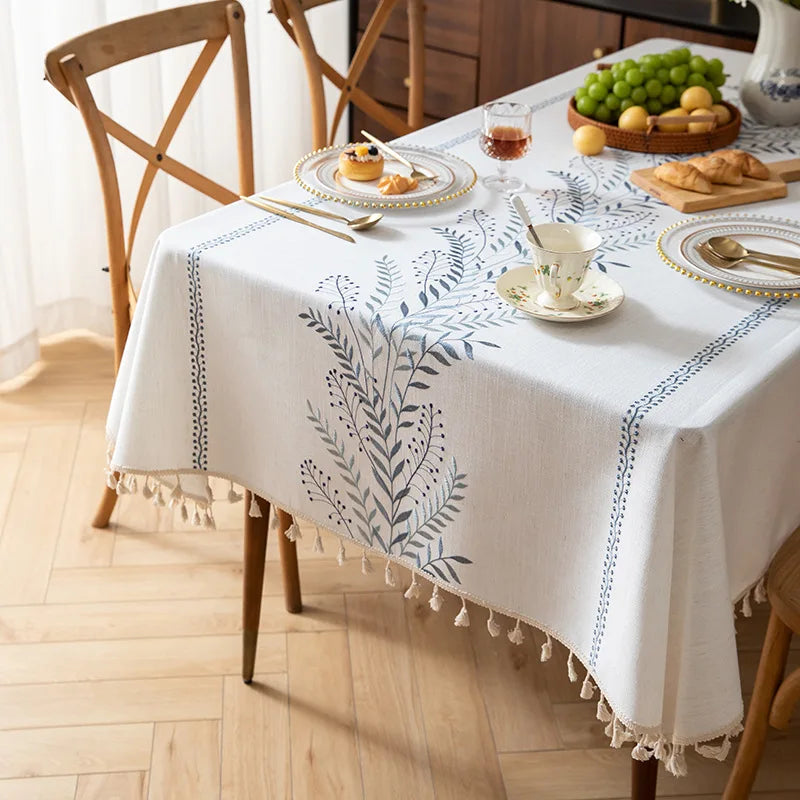 Toalhas de mesa bordadas de linho de algodão retângulo capa de mesa à prova de poeira, toalhas de mesa com padrão de flor bordada, decoração de festa