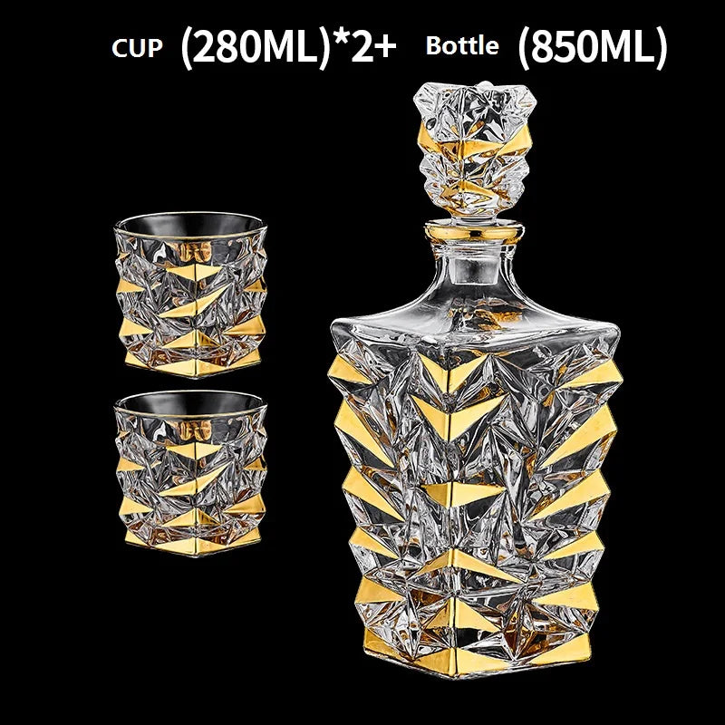 Decantador de vinho tinto de vidro de cristal, jarro de vinho estrangeiro, desenho de linha dourada, garrafa de uísque, dispensador de licor, 1 garrafa, 2 copos