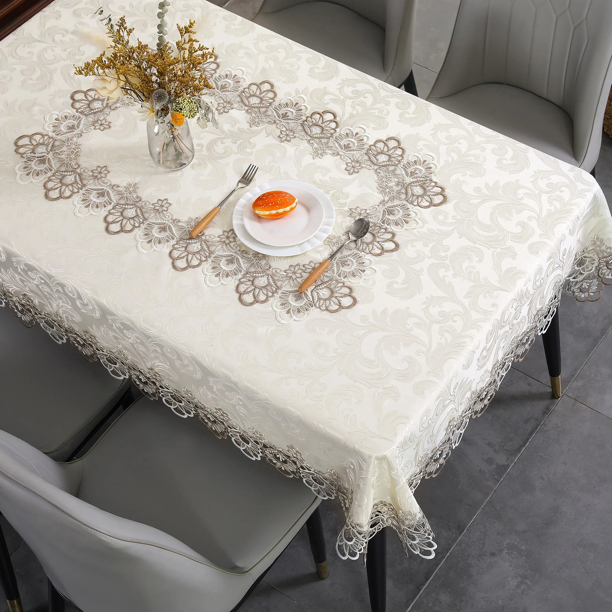 Toalha de mesa bordada de renda batilo, branca, floral, retangular, à prova d'água, para mesa de jantar, festa de casamento, casa