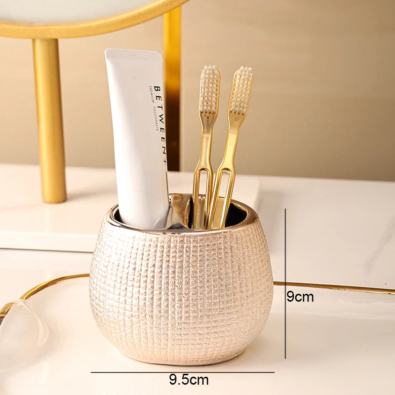 Rosa de ouro cerâmica loção garrafa bucal copo titular escova dentes casa acessórios do banheiro conjunto shampoo lavagem do corpo garrafa sabão prato