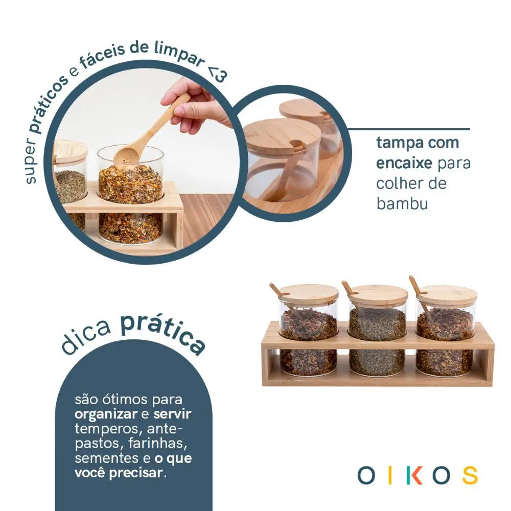 Kit 3 Potes de Vidro com Tampa e Suporte de Bambu - Casa Ornato
