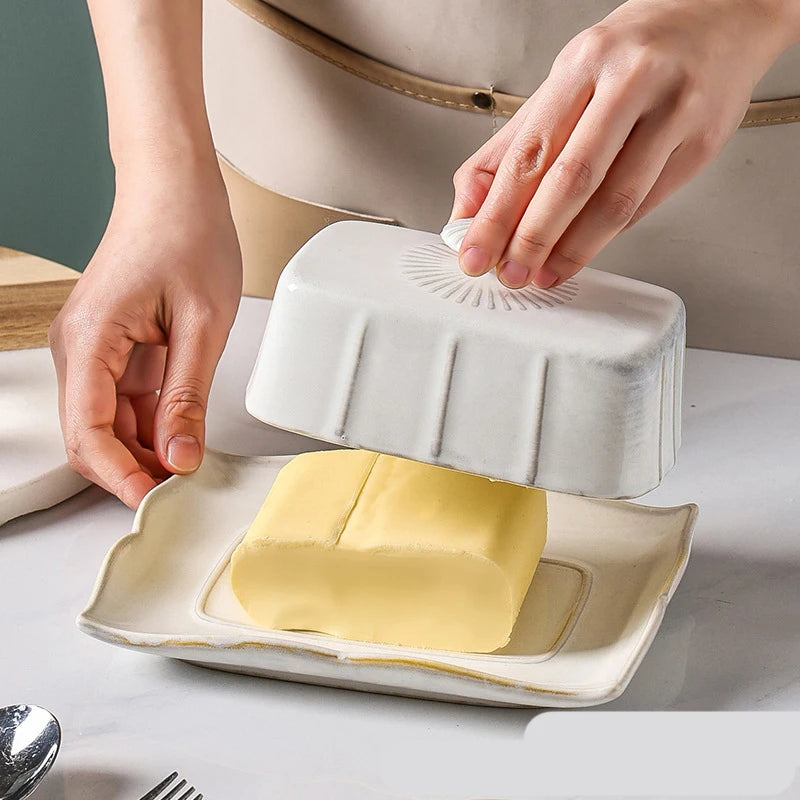 Esmalte retrô nostálgico com tampa, bandeja para lanche, utensílios de cozinha para casa, caixa de manteiga, caixa de armazenamento de queijo, prato de queijo