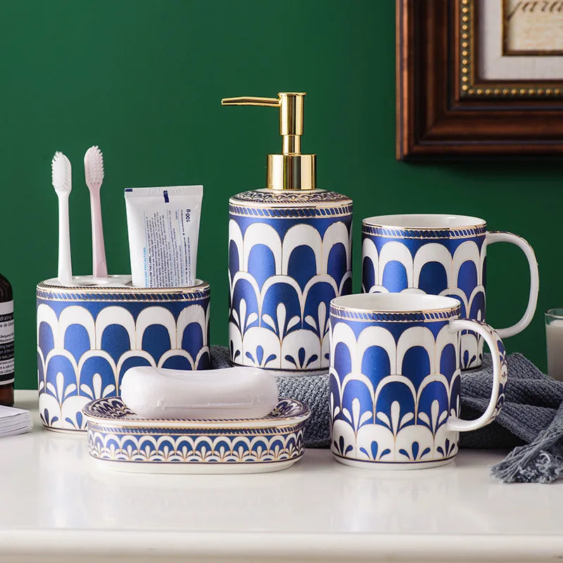 Conjunto de cinco peças de cerâmica para lavagem de banheiro, copo de enxaguatório bucal, acessórios de banheiro, dispensador de sabão, copo