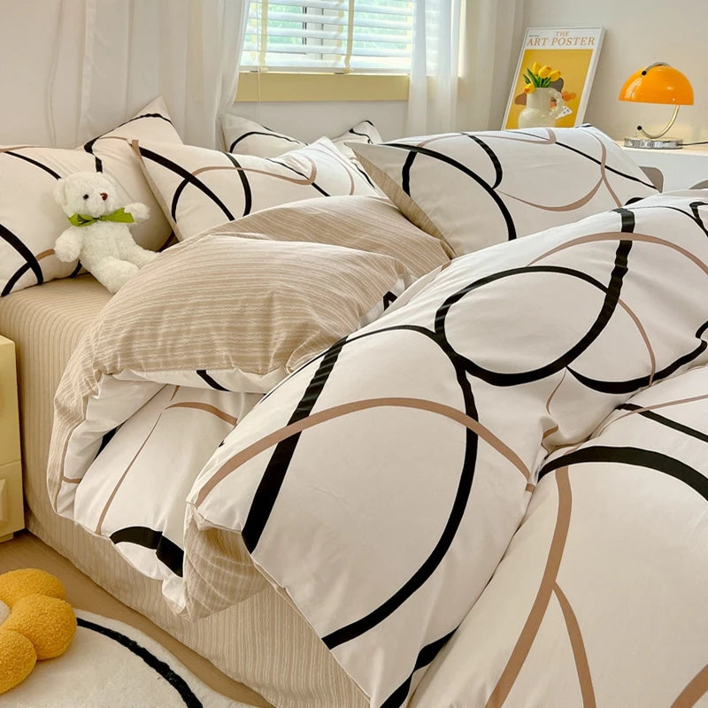 Conjunto de capa de edredom com padrão de linhas abstratas, conjunto de cama geométrica moderna, 100% algodão, capa de edredom amigável à pele com 2 fronhas