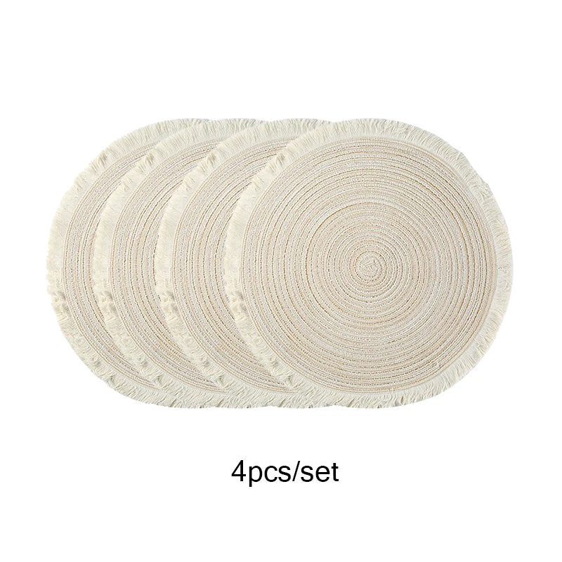 4 pçs/set venda quente franja eco-friendly casa antiderrapante estilo morden mesa tecido placemats poliéster tapete redondo