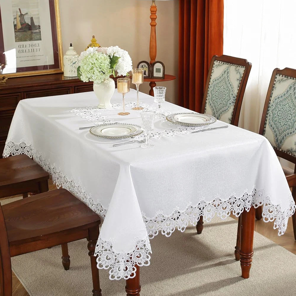 Toalha de mesa bordada de renda batilo, branca, floral, retangular, à prova d'água, para mesa de jantar, festa de casamento, casa