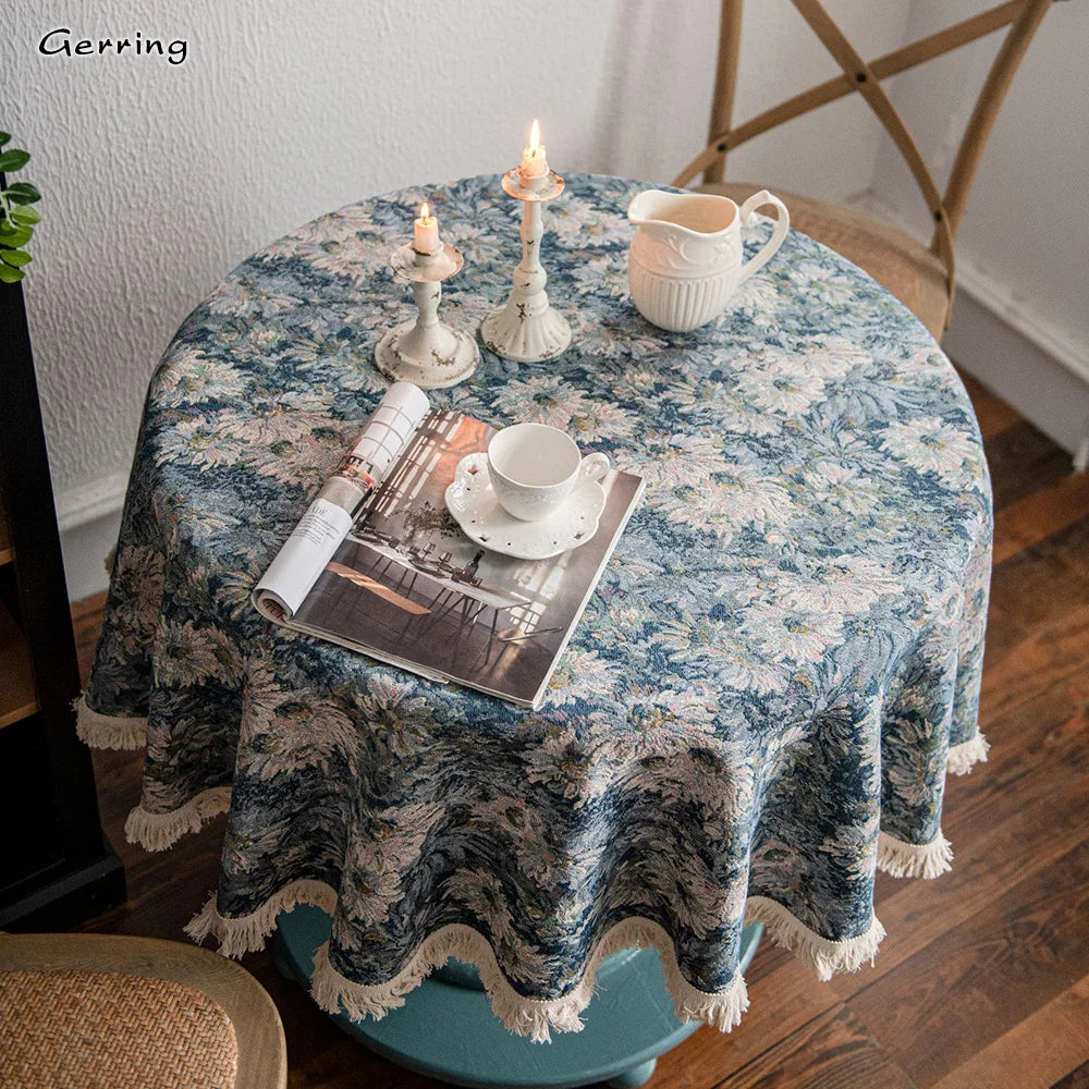 Toalha De Mesa Redonda Jacquard Americana, Tampa Da Mesa De Café, Pano Grosso, Pintura A Óleo Azul Americano, Natal