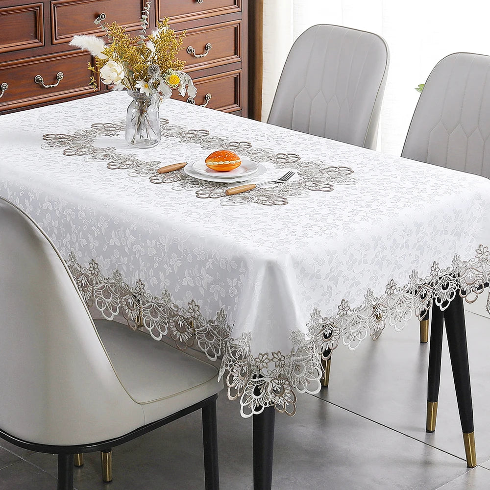 Toalha de mesa bordada de renda batilo, branca, floral, retangular, à prova d'água, para mesa de jantar, festa de casamento, casa