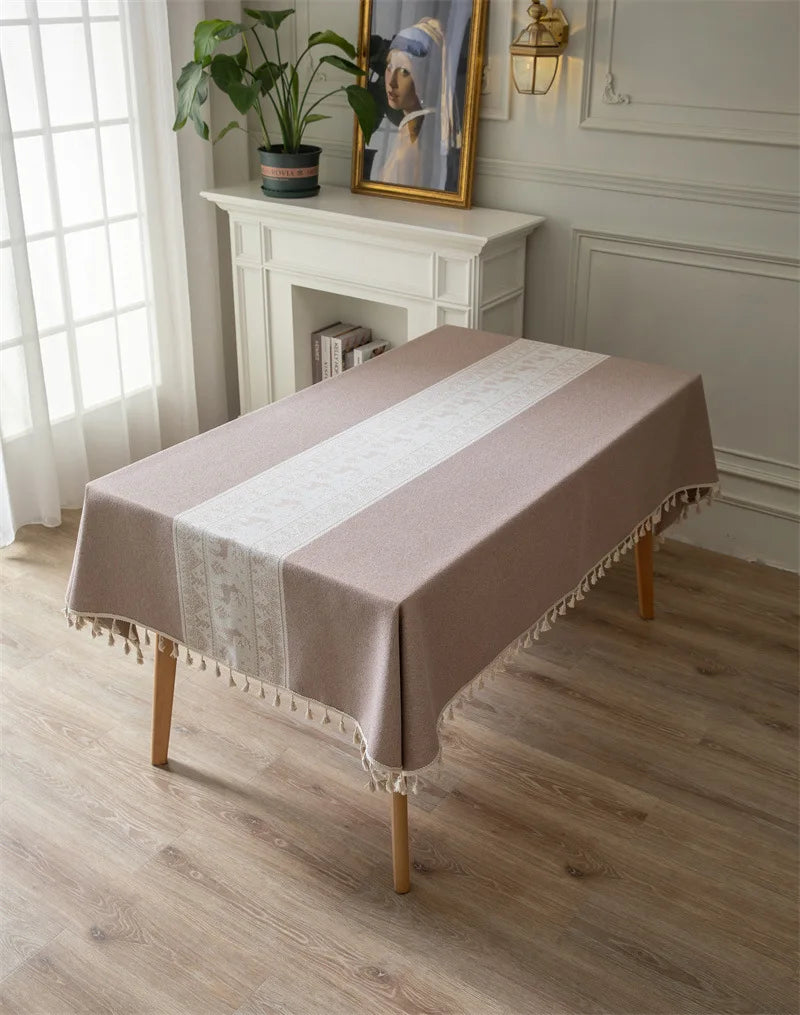 Toalha de mesa de algodão linho listra borla resistente a manchas à prova de poeira capa de mesa rústica para cozinha jantar mesa decoração de natal