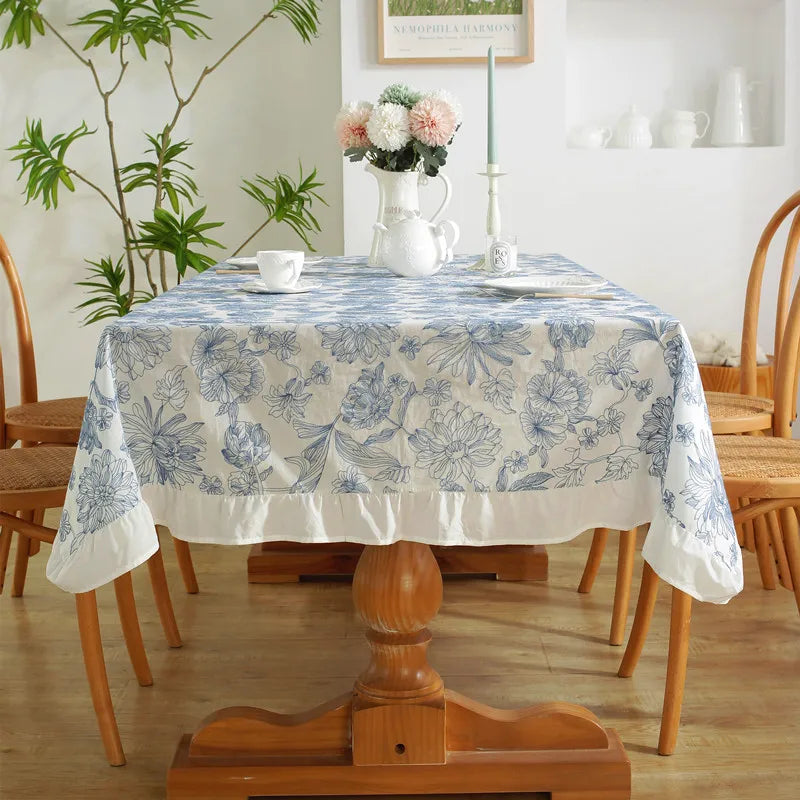 Toalha de mesa de algodão, à prova d'água, à prova de óleo, porcelana azul e branca, bordado, decoração, café, chá, protetor de mesa