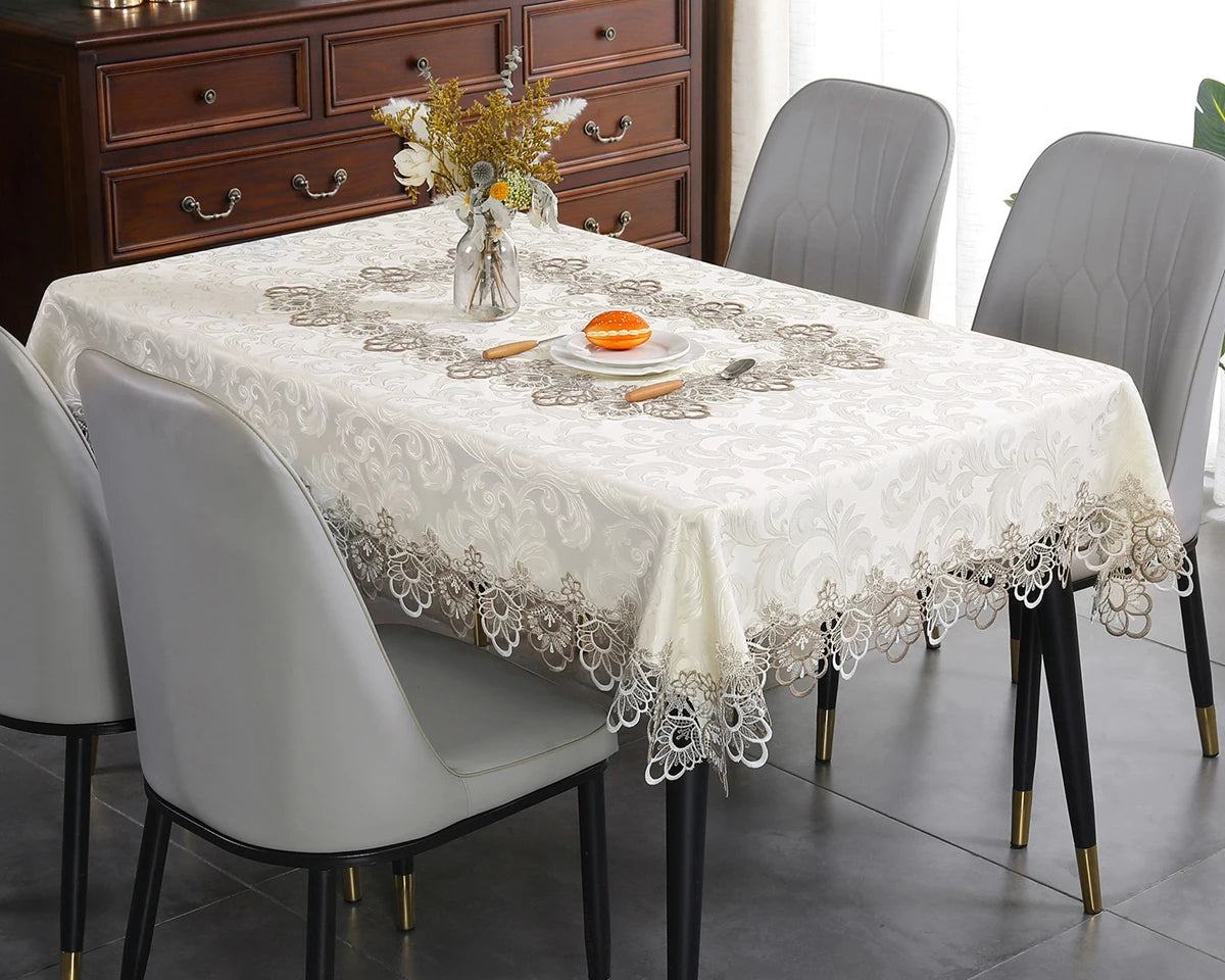 Toalha de mesa bordada de renda batilo, branca, floral, retangular, à prova d'água, para mesa de jantar, festa de casamento, casa