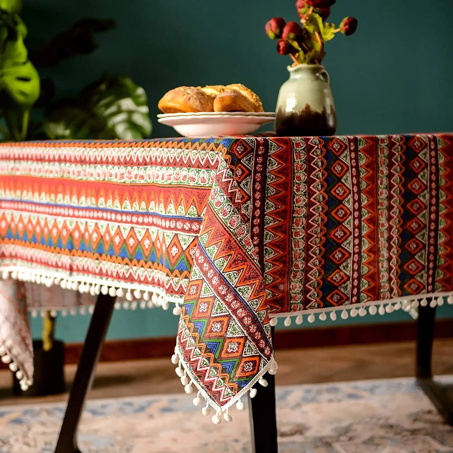 Toalha de mesa antiderrapante, estilo étnico, boêmia, festa do sudeste asiático, europeu e americano, resistente ao desgaste, algodão