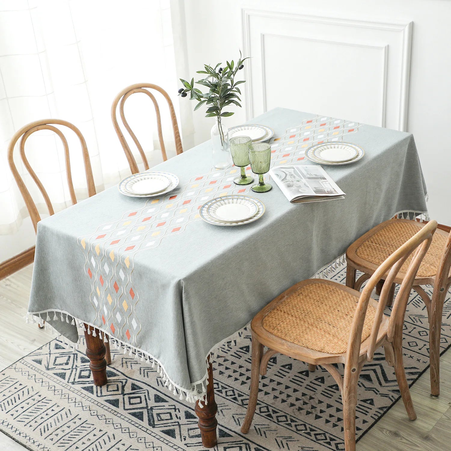 Toalhas de mesa bordadas de linho de algodão retângulo capa de mesa à prova de poeira, toalhas de mesa com padrão de flor bordada, decoração de festa