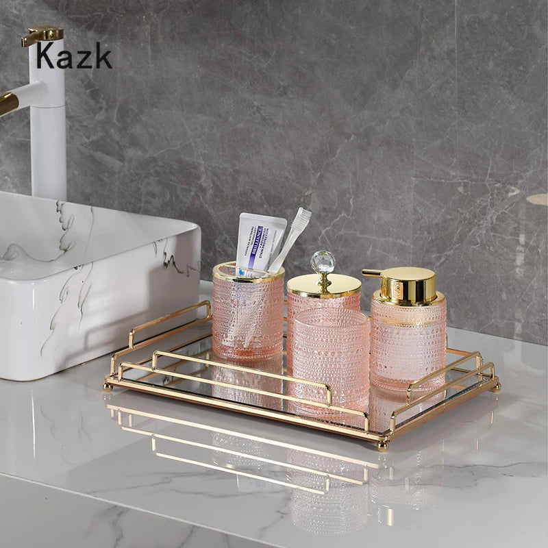 Conjunto de acessórios de banheiro de vidro rosa pérola ponto luz luxo tipo imprensa dispensador de espuma garrafa gargarejo copo armazenamento jar 4 peças conjunto