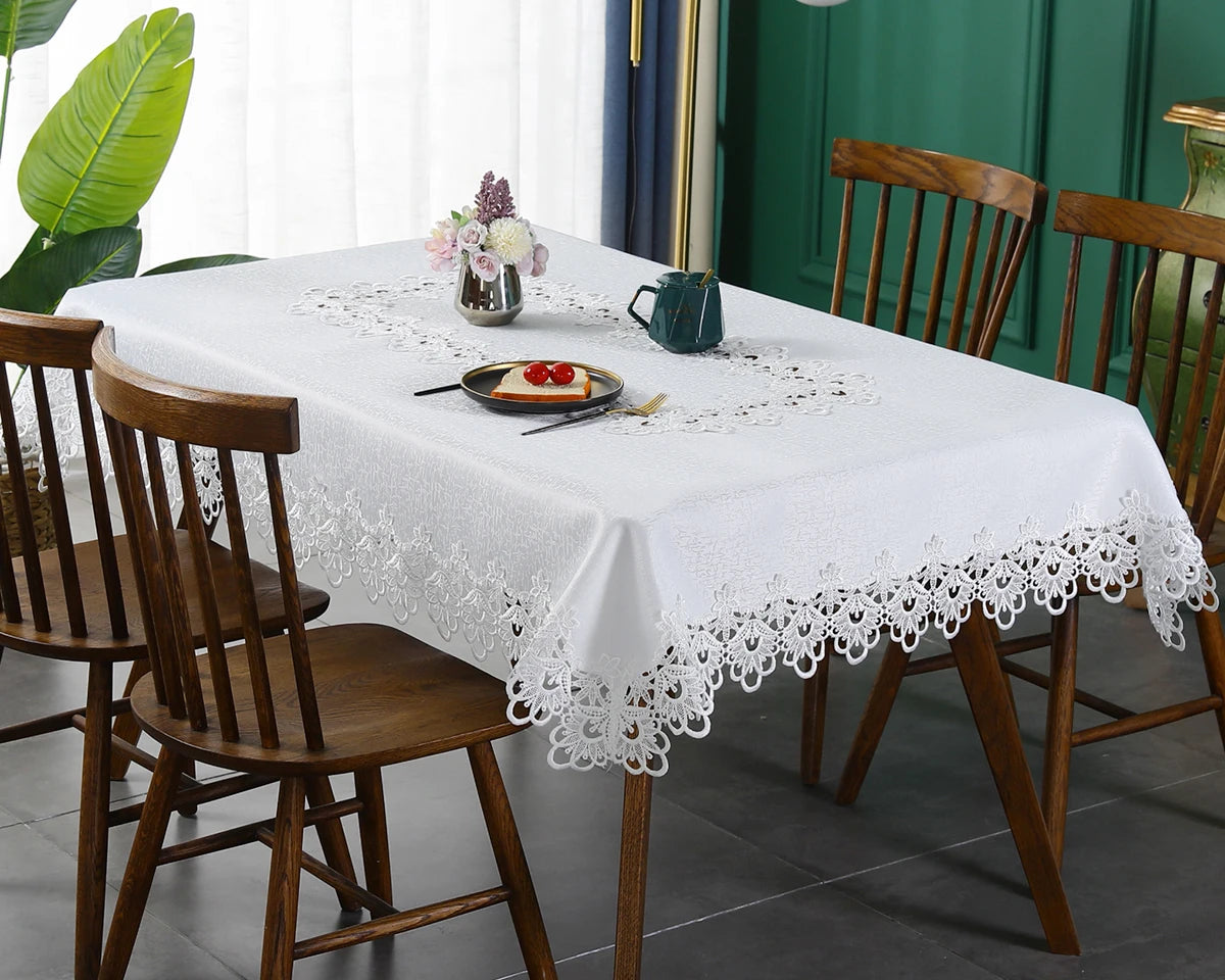 Toalha de mesa bordada de renda batilo, branca, floral, retangular, à prova d'água, para mesa de jantar, festa de casamento, casa