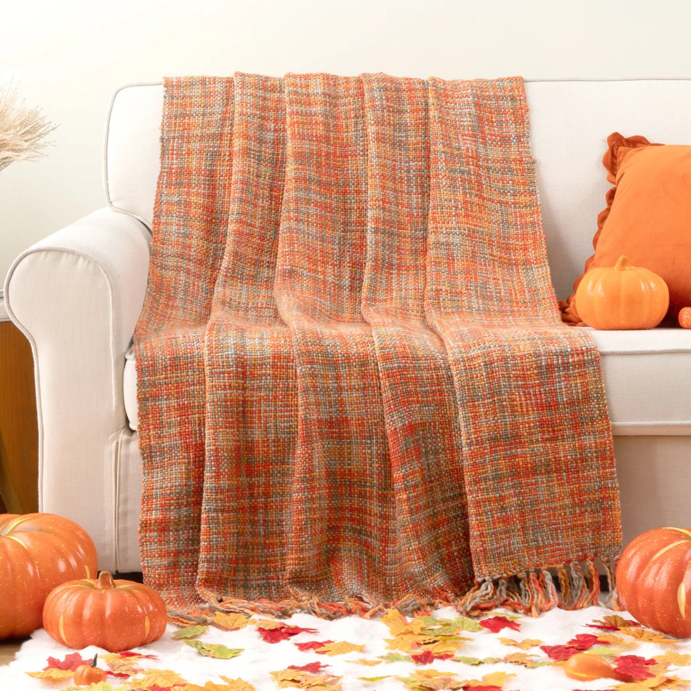 Battilo-Laranja Cobertor Boho com Borlas, cabo colorido cobertores de malha para cama, sofá decorativo outono, decoração para casa