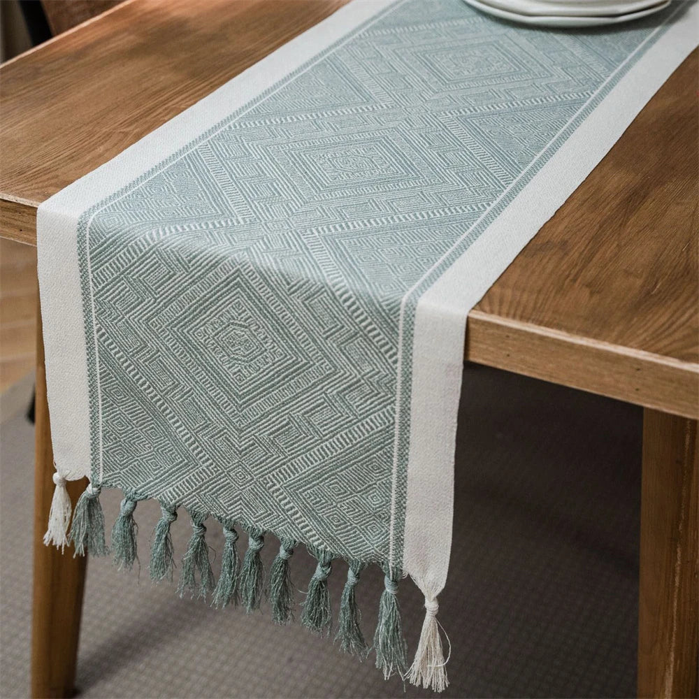 Corredor de mesa verde nórdico jacquard geométrico bandeira de mesa franja chá país toalha de mesa corredores para mesa de jantar capa decoração