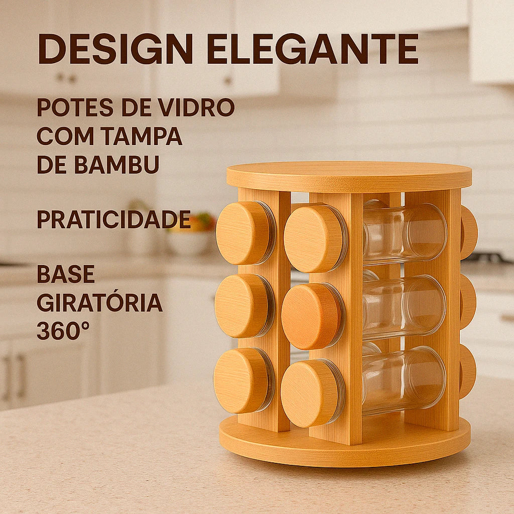 Porta Temperos Giratório Bambu com 12 Potes de Vidro Herméticos Design Sofisticado Premium