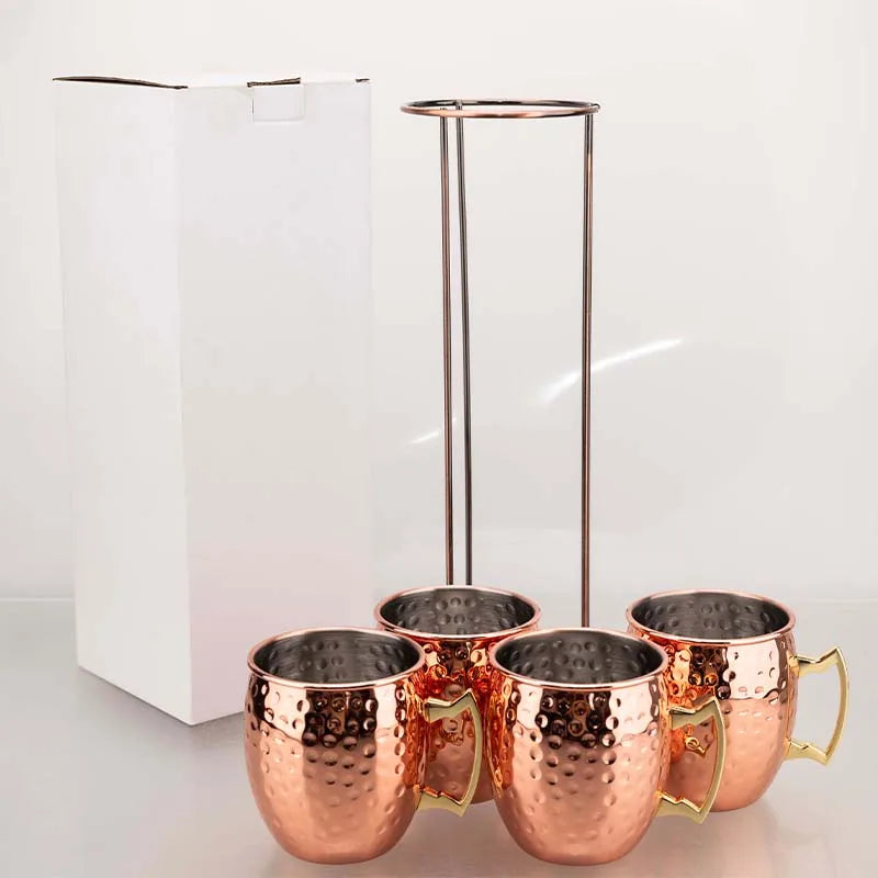 Conjunto de canecas mule de Moscou, 4 unidades, 500ml com rack de ferro – copos de cobre martelados de aço inoxidável 304 para coquetéis, cerveja, utensílios para bebidas de uísque
