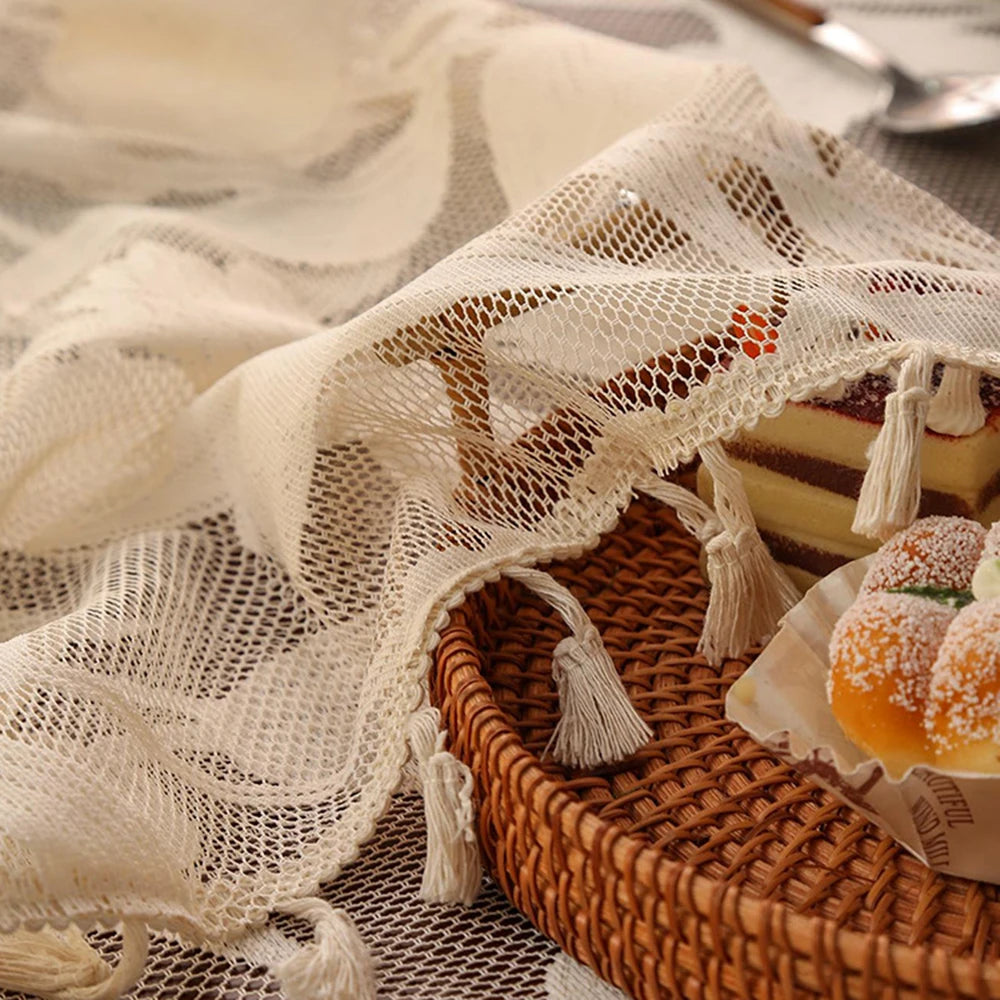 Toalha de mesa retangular de renda, decoração e acessórios, toalha de mesa simples com borla, estilo nórdico, panos para casa