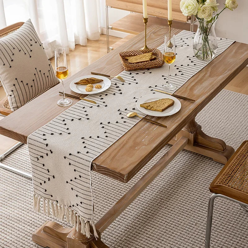 Corredor de mesa boho de algodão natural com borlas para decoração de mesa de jantar em casa, para decoração moderna de fazenda