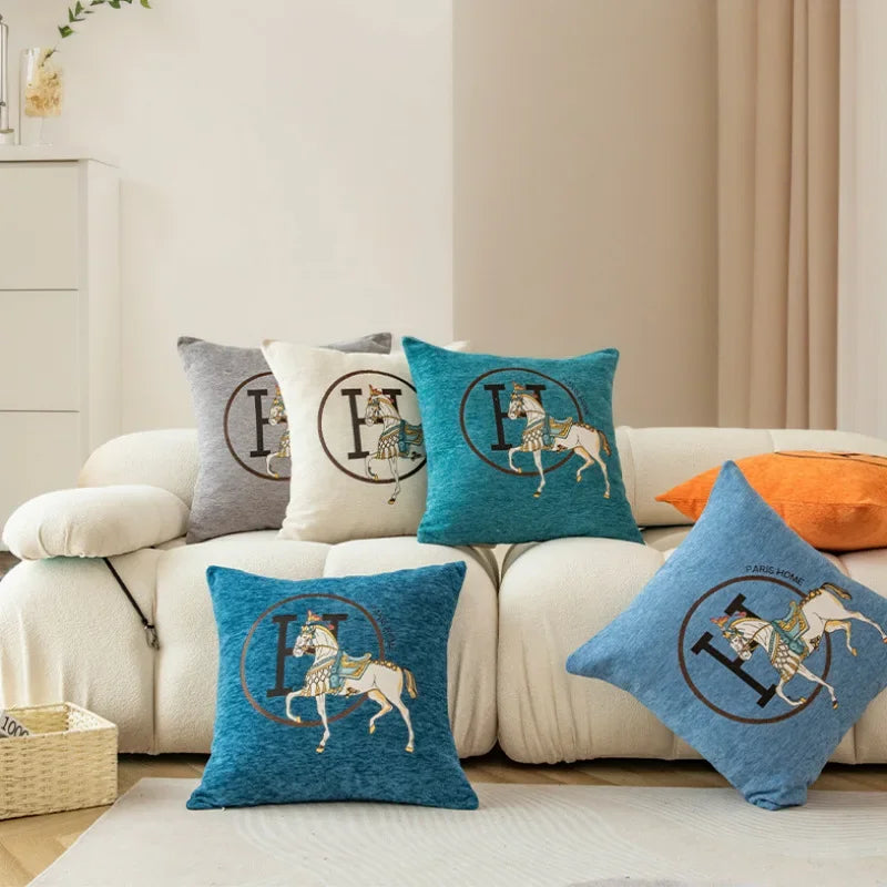 Chenille 45x45cm lance travesseiro capas de almofada pacote de 1 peça-luxo cavalo bordado estilo moderno sofá capas de almofada