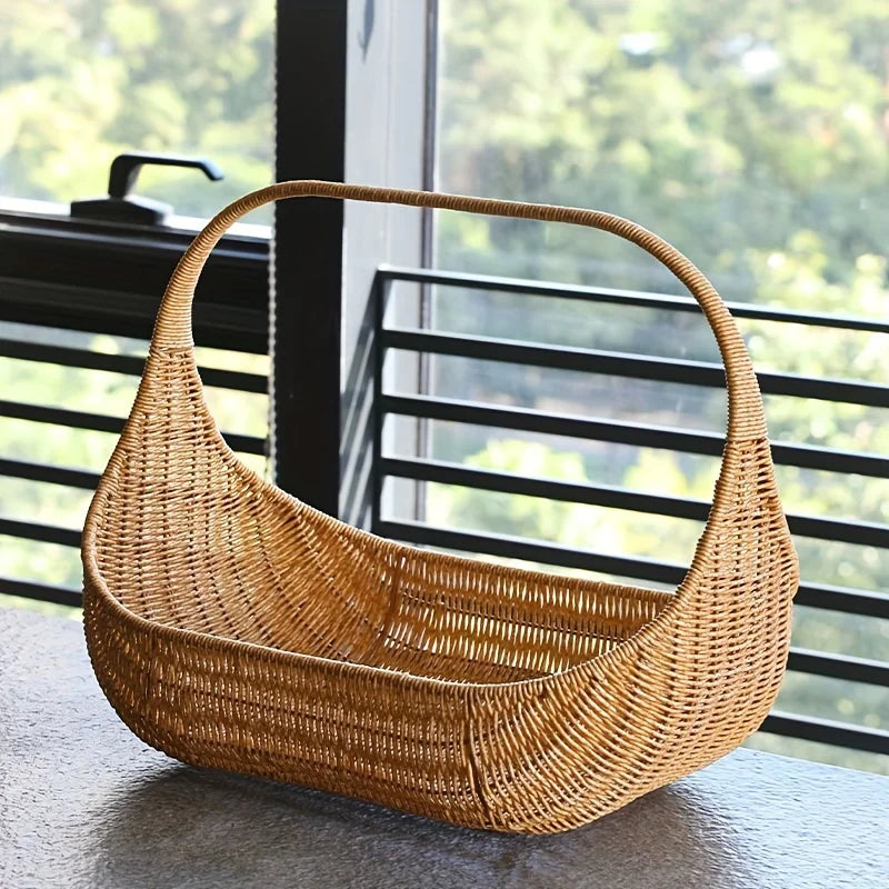 Cesta de pão tecida à mão e bandeja de frutas em rattan natural, cesta estilo rústico para servir pão e frutas