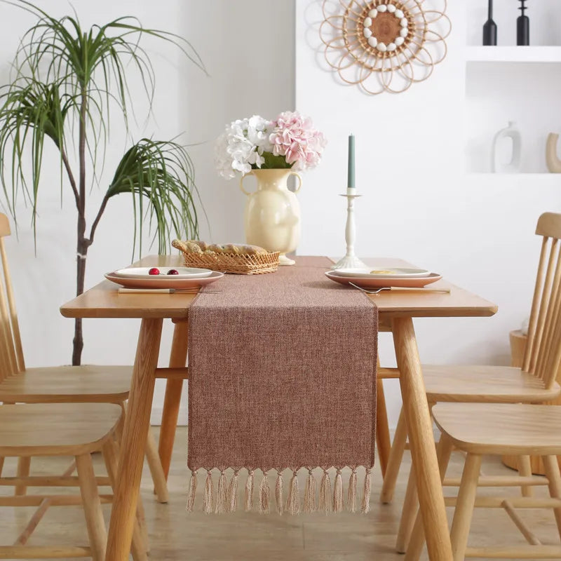 Corredor De Mesa Rústica Com Borlas, Corredor De Mesa Cáqui, Estilo Boho, Feito À Mão, Jantar Em Casa, Mesa De Café, Cozinha